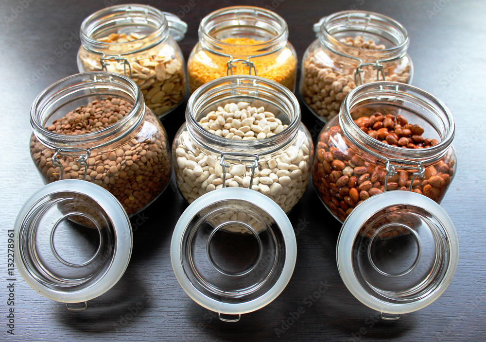 Bean grains in glass jars in the kitchen