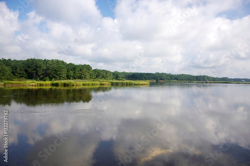Huntington Beach State Park. A salt water marsh in South Carolina with cloudy blue sky reflections in the water. 