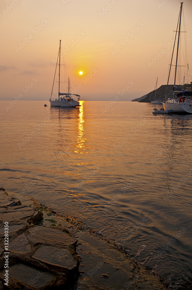 Yachts moored Collioure harbour  sun rising. Colourful village Collioure, Vermilion coast france.