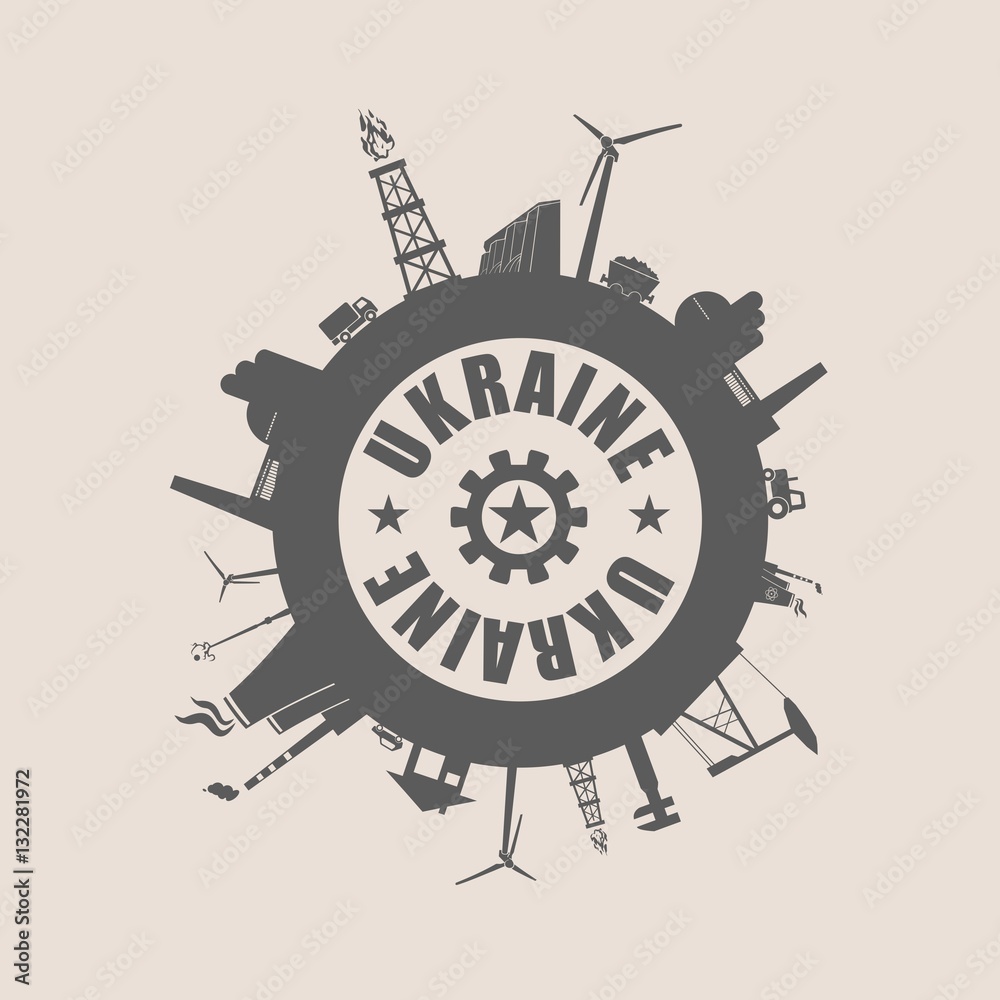 Circle with industry relative silhouettes. Vector illustration. Objects located around the circle. Industrial design background. Ukraine text in the center.