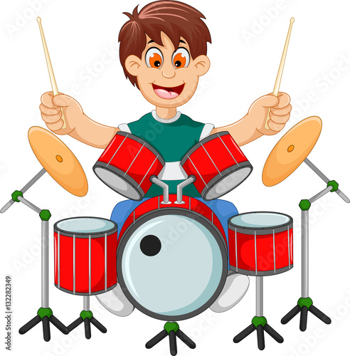 funny boy cartoon playing drum