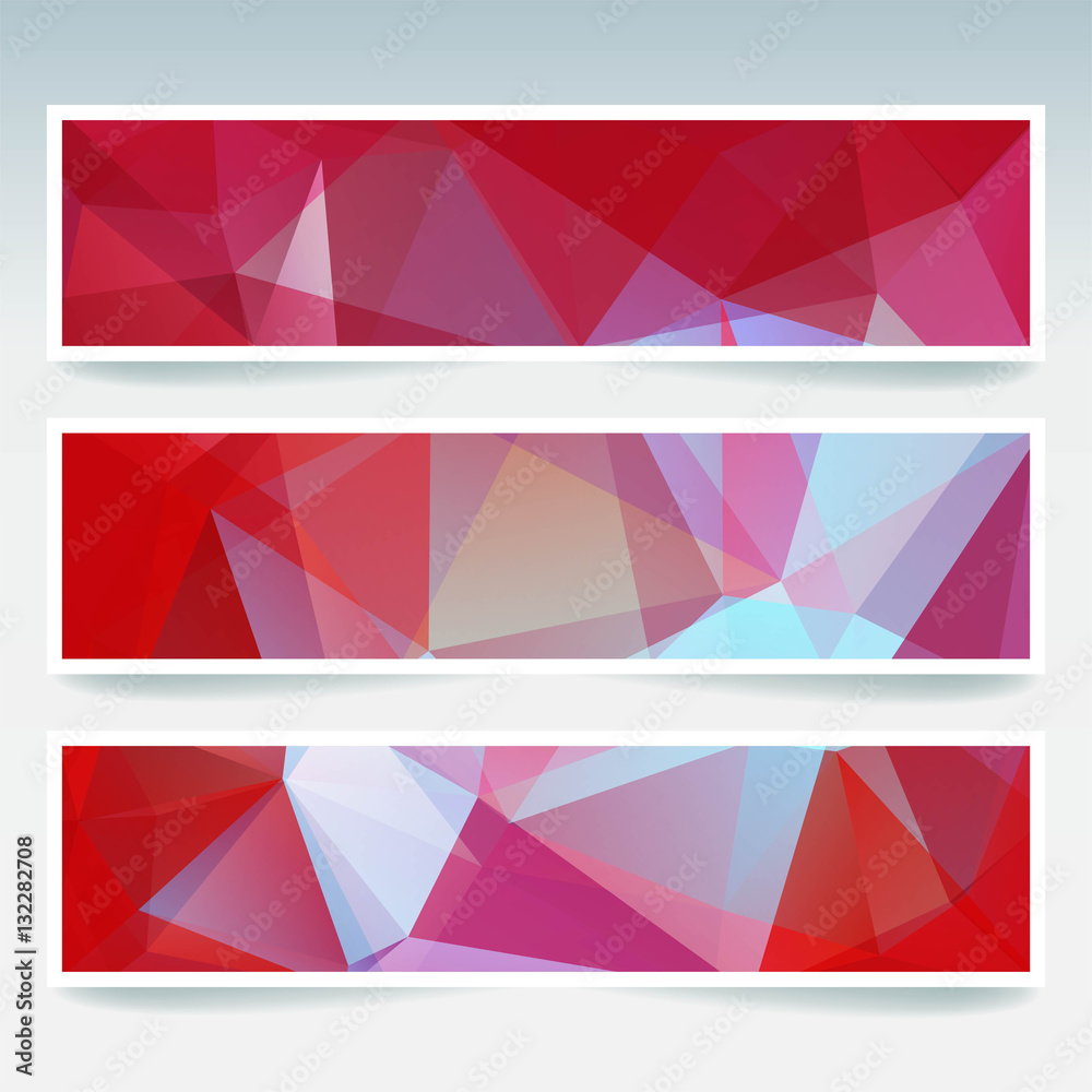 Abstract banner with business design templates. Set of Banners with polygonal mosaic backgrounds. Geometric triangular vector illustration. Red, brown, blue colors. Abstract banner with business design templates. Set of Banners with polygonal mosaic backgrounds. Geometric triangular vector illustration. Red, brown, blue colors.