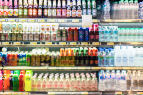 Defocused blur of supermarket shelves with Bottles of Beverages photo