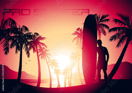 Photography Surfing guy and sunrise at a tropical beach
