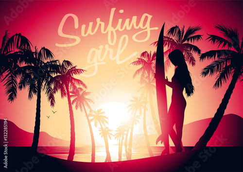 Surfing girl and sunrise at a tropical beach