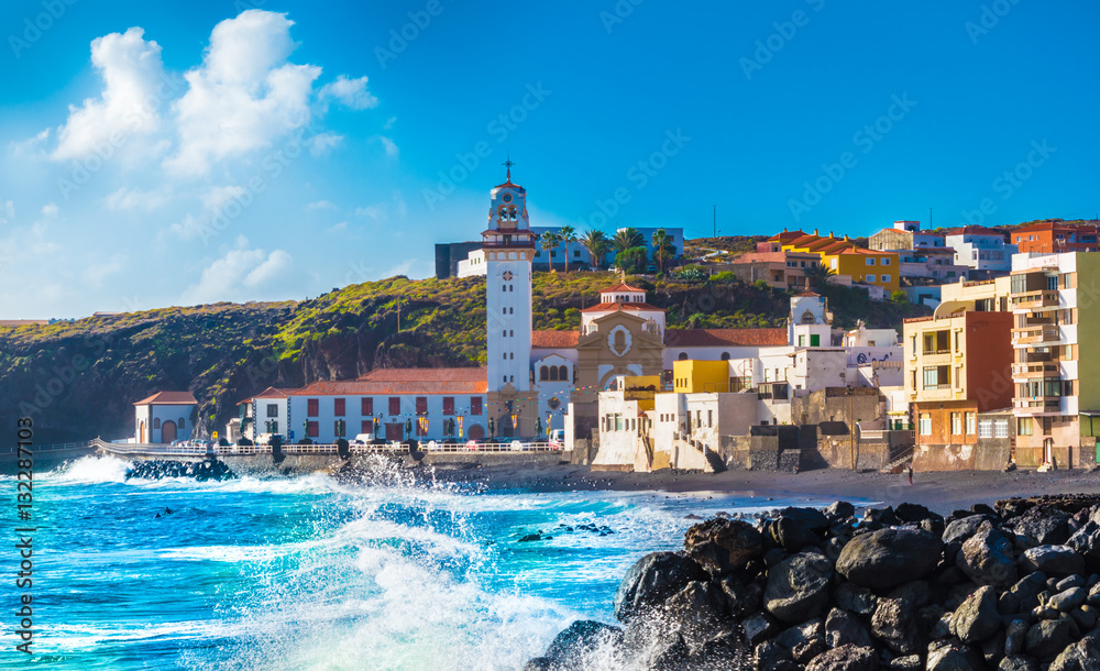 Basilica of Candelaria and pebble beach in Tenerife Canary Islands, Spain