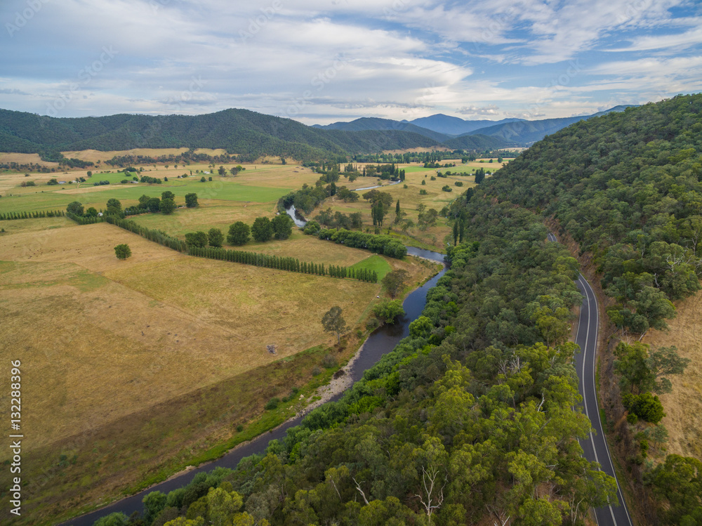 Naklejka premium Aerial view of Omeo Highway and Mitta Mitta Valley, Victoria, Australia