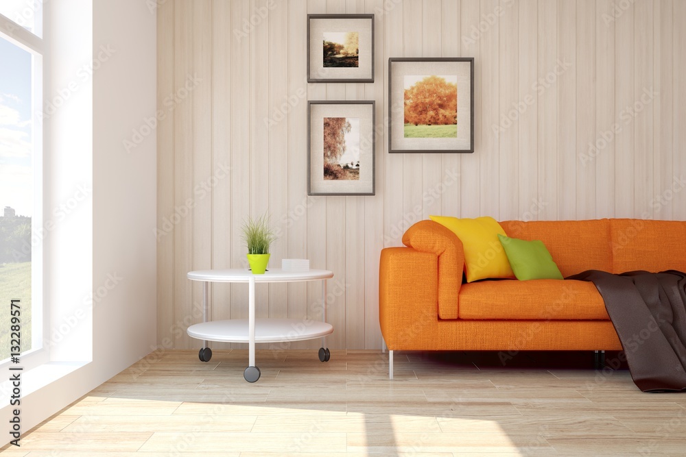 Fototapeta premium White room with orange sofa. Scandinavian interior design