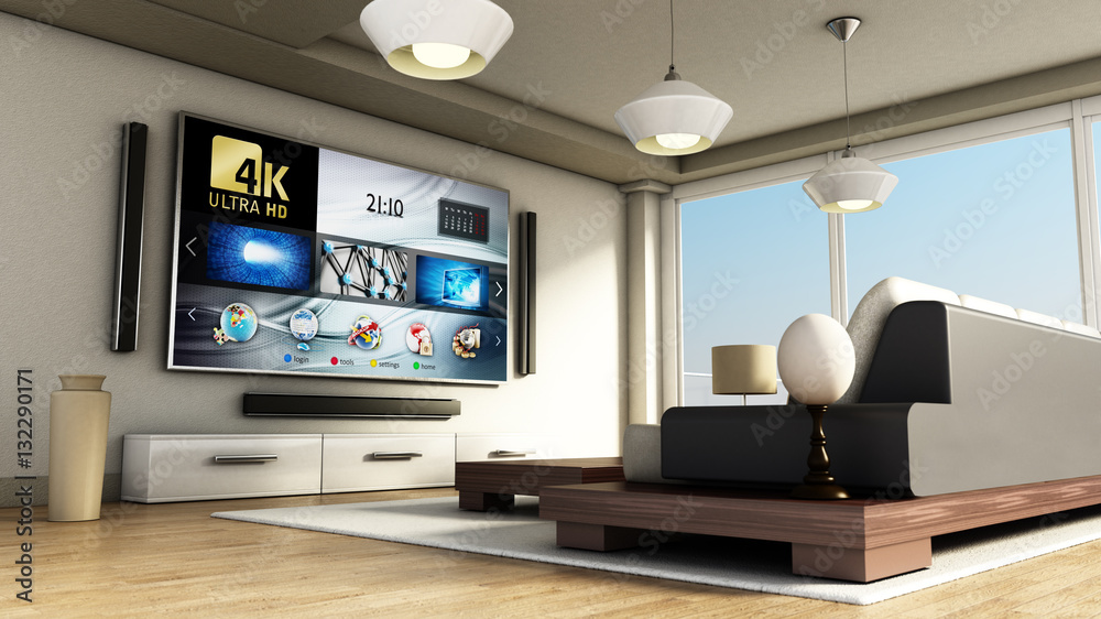 Modern 4K smart TV room with large windows and parquet floor. 3D illustration - obrazy, fototapety, plakaty 