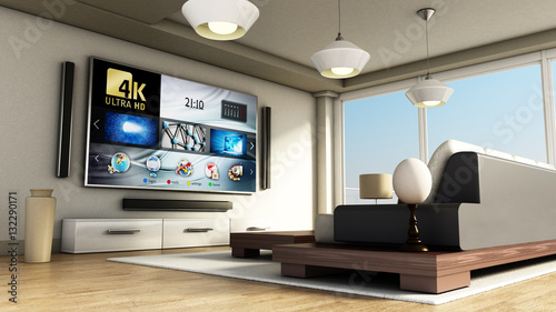 Modern 4K smart TV room with large windows and parquet floor. 3D illustration photo