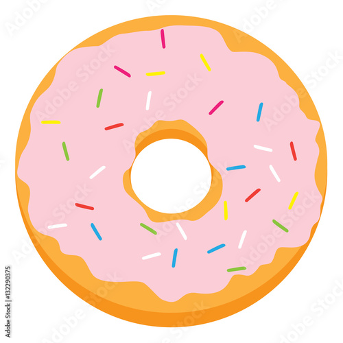 Pink glazed ring doughnut with colorful sprinkles. Vector illustration