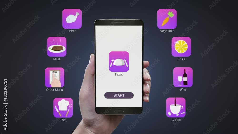 Touching Food application on mobile screen, using chef,order menu, meat, fishes, vegetable, fruit, wine, coffee.