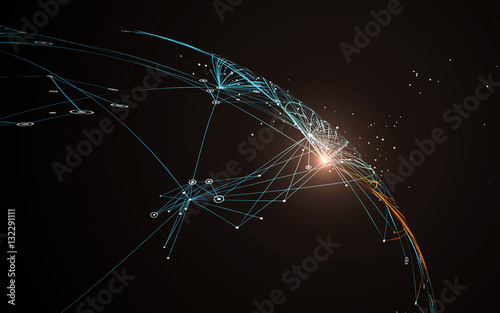 Dotted lines connected to the abstract graphics, network connections.