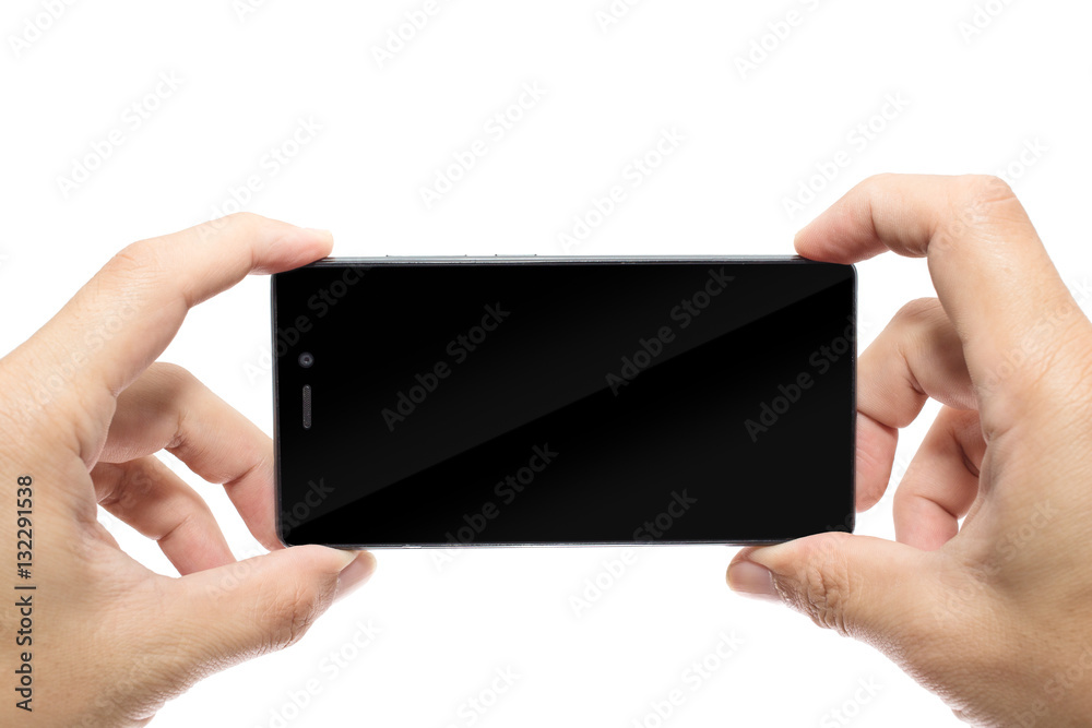 two hand hold smart phone to take mobile photography or play game isolated on white with clipping path two hand hold smart phone to take mobile photography or play game isolated on white with clipping path