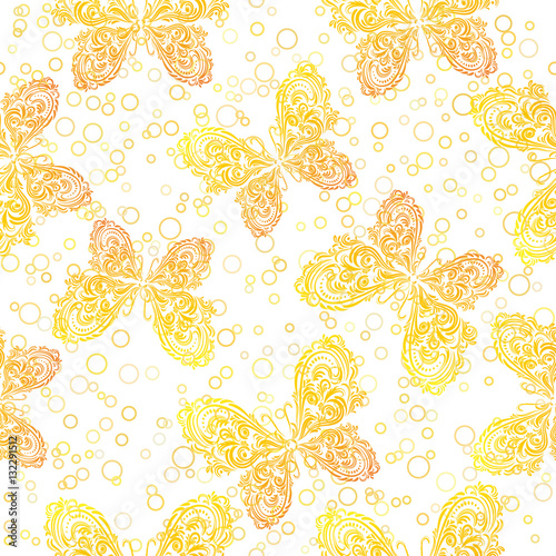 Seamless Background  Tile Patterns of Golden Symbolical Outline Butterflies and Rings. Vector