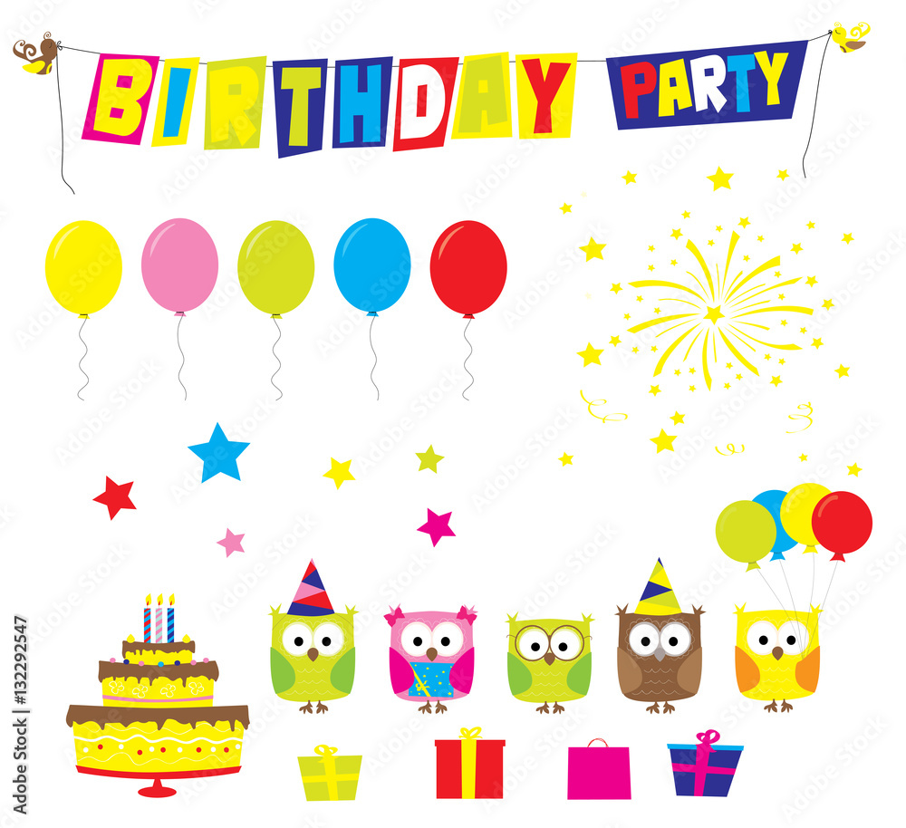 birthday party elements: birthday cake, cartoon owls, gifts, stars, balloons