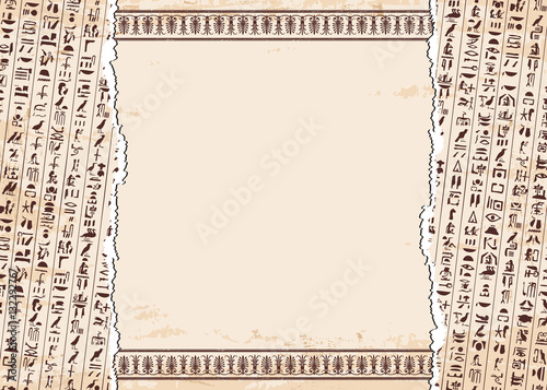 Vector illustration of Egyptian ornaments and hieroglyphs on a beige background with the effect of aging.