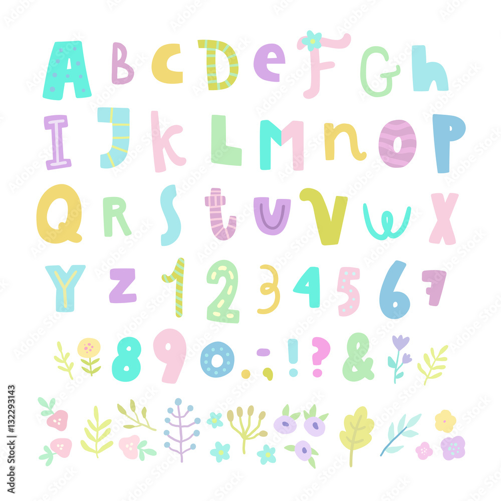 Funny font. Letters, numbers and flowers. Vector hand drawn illustration Funny font. Letters, numbers and flowers. Vector hand drawn illustration