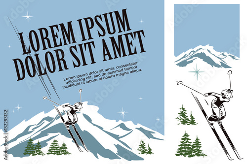 Skier woman. Illustration in retro style of advertising.