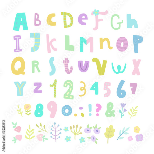 Funny font. Letters  numbers and flowers. Vector hand drawn illustration