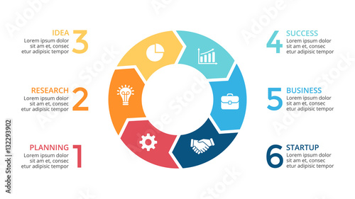 Vector circle arrows infographic, cycle diagram, graph, presentation chart. Business concept with 6 options, parts, steps, processes. 16x9 slide.