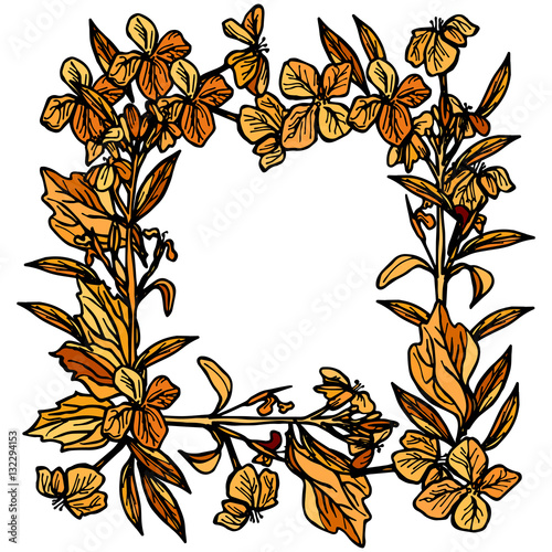 autumn square frame made of branches and flowers, leaves and flowers, sketch, orange and black on white background. Vector