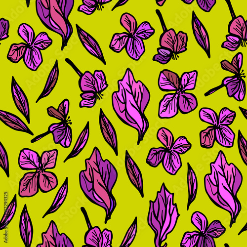 summer seamless pattern, leaves and flowers, sketch, lilac purple on green background. Vector