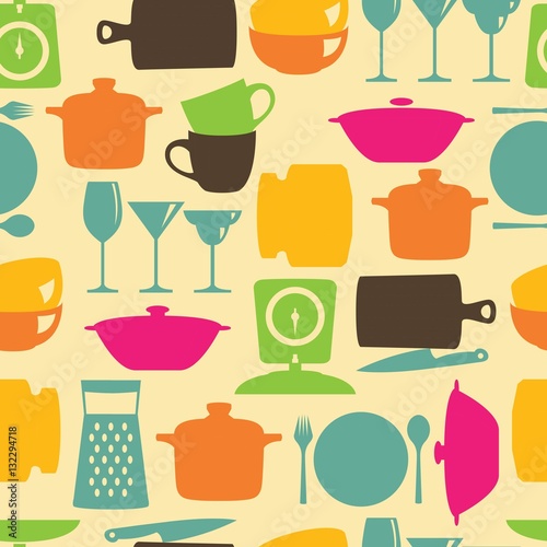 Kitchenware flat color design silhouette vector seamless pattern