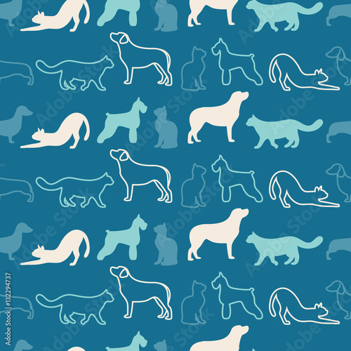 Animal seamless vector pattern of cat and dog silhouettes