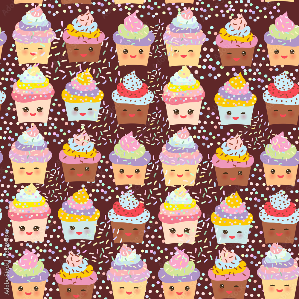 Seamless pattern Cupcake Kawaii funny muzzle with pink cheeks and winking eyes, pastel colors on chocolate brown background. Vector