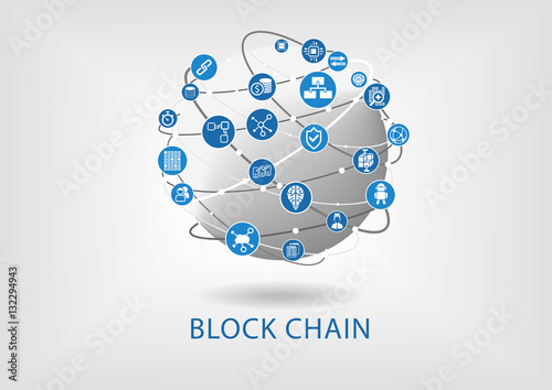 Block chain vector illustration with connected globe on light grey background