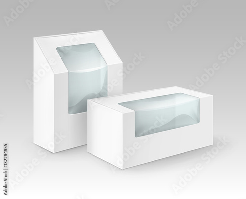 Vector Set of White Blank Cardboard Rectangle Take Away Boxes Packaging For Sandwich, Food, Gift, Other Products with Plastic Window Mock up Close up Isolated on White Background