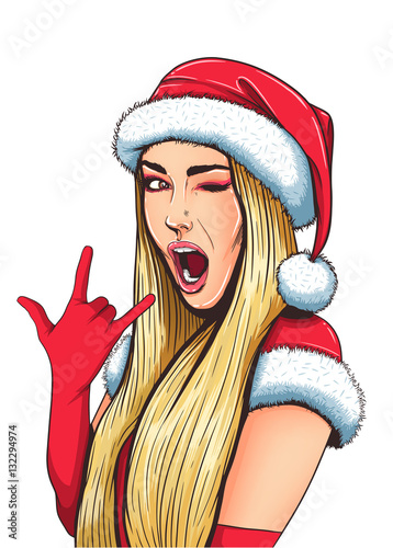 Pop art christmas sexy woman in Santa Claus hat with open mouth.
