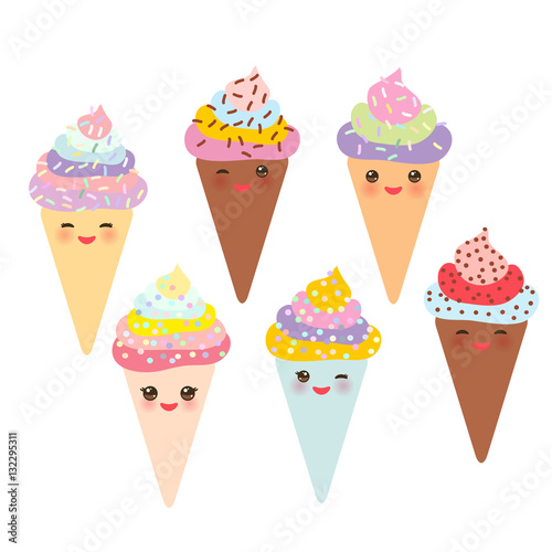  Ice cream waffle cone Kawaii funny muzzle with pink cheeks and winking eyes, pastel colors on white background. Vector