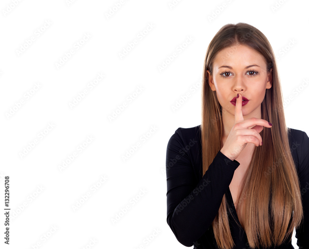 Blonde pretty girl with red lips requires silence Blonde pretty girl with red lips requires silence