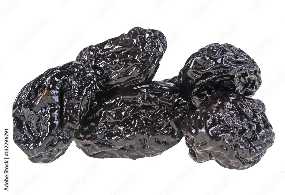 Smoked prunes isolated on a white background, close-up Smoked prunes isolated on a white background, close-up