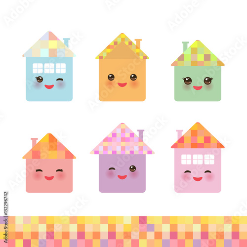 Funny happy house set, kawaii face, smile, pink cheeks, big eyes. pastel colors. Vector