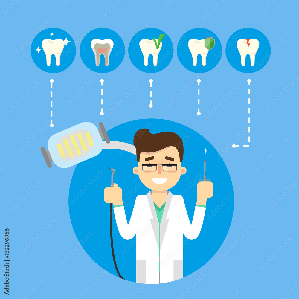 Smiling male cartoon dentist in white coat holding dental instruments, vector illustration. Dental treatment concept. Tooth care and restoration, stomatology and orthodontics. Dentist office banner Smiling male cartoon dentist in white coat holding dental instruments, vector illustration. Dental treatment concept. Tooth care and restoration, stomatology and orthodontics. Dentist office banner