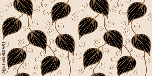 ribbed foliage with curls seamless in black, ivory and gold