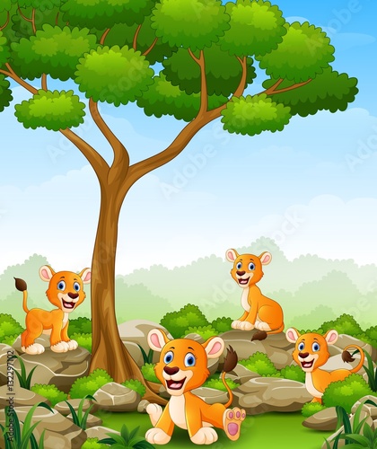 Cartoon lioness group in the jungle