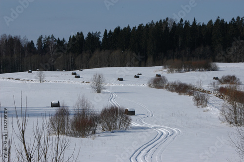 Hay bales sit across a snow‑covered field with tracks curving through the surface. Sparse trees and a dark forest line the background, forming a clear winter landscape.
