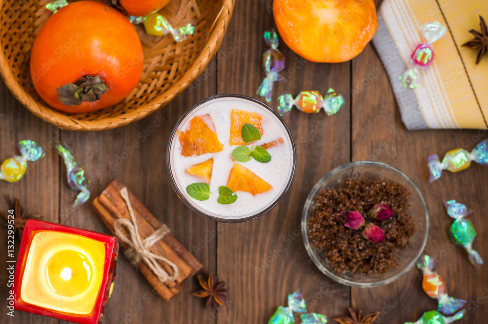 freshness cut fruit, persimmon on honey yogurt freshness cut fruit, persimmon on honey yogurt