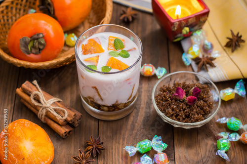 freshness cut fruit, persimmon on honey yogurt