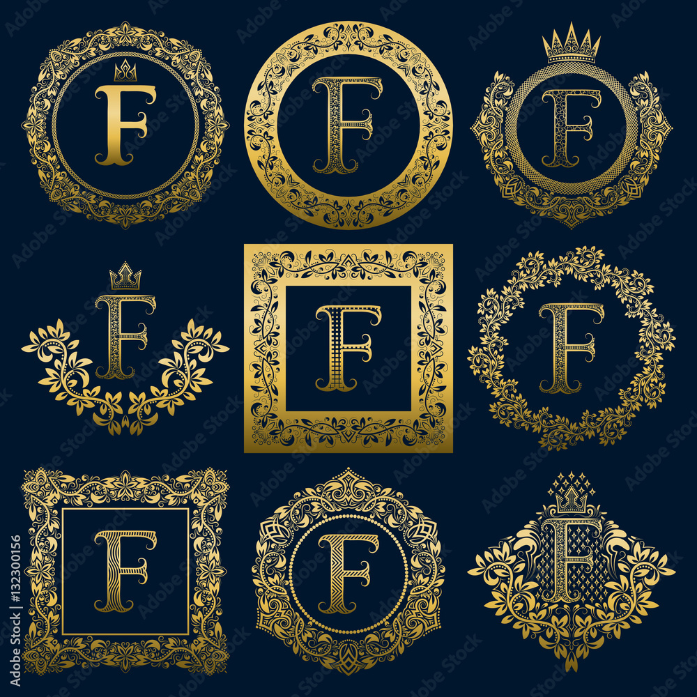 Vintage monograms set of F letter. Golden heraldic logos in wreaths, round and square frames.