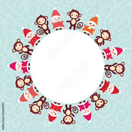 2016 Happy New Year card for your text round frame. Funny gnomes in red hats brown monkey on blue background. Vector