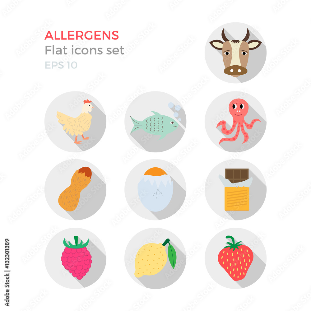Allergens flat design icons set