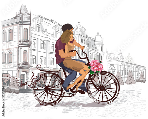 Fototapeta Naklejka Na Ścianę i Meble -  Series of the streets with people in the old city. Romantic couple riding the bicycle.