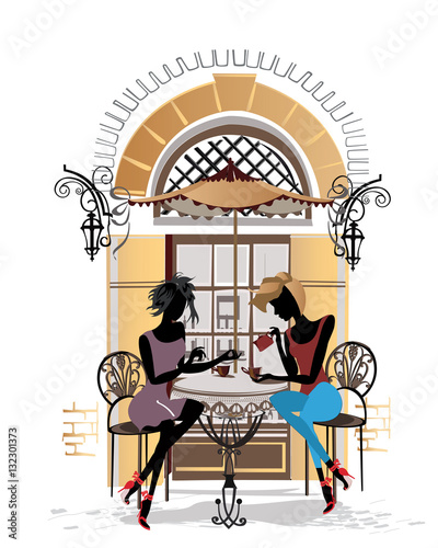 Fashion people in the restaurant. Street cafe in the old city. Girls drinking coffee at the table near the retro window. Hand drawn Vector Illustration.