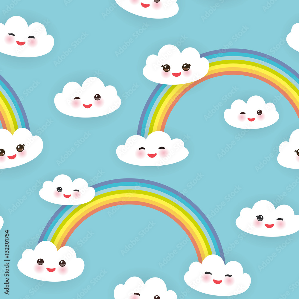 Kawaii funny white clouds set, muzzle with pink cheeks and winking eyes. Seamless pattern on blue background. Vector Kawaii funny white clouds set, muzzle with pink cheeks and winking eyes. Seamless pattern on blue background. Vector