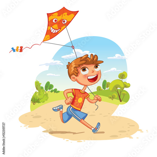 Boy plays with a kite in the park. Funny cartoon character